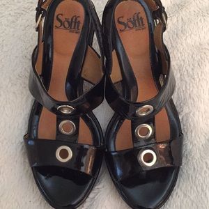 Sofft Black Patent Leather &Cork Platform Heels